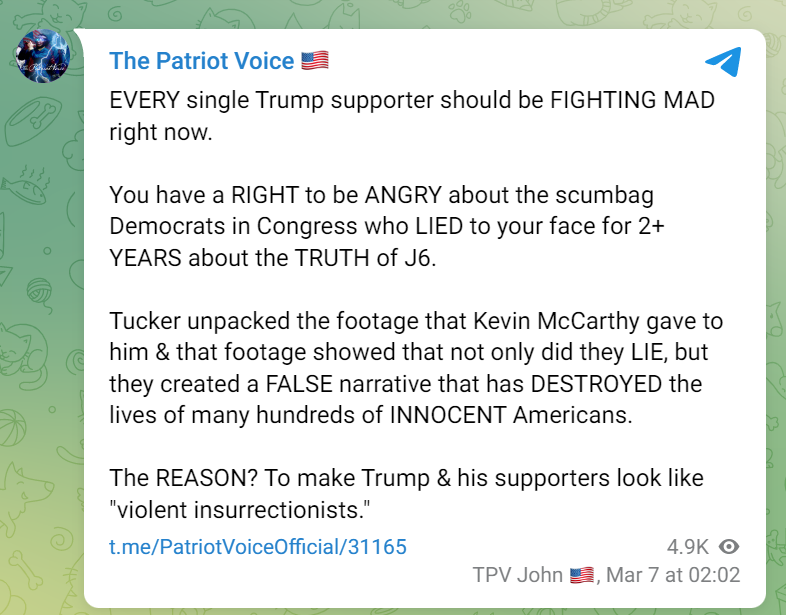 The Patriot Voice's telegram post about tucker's J6 footage
