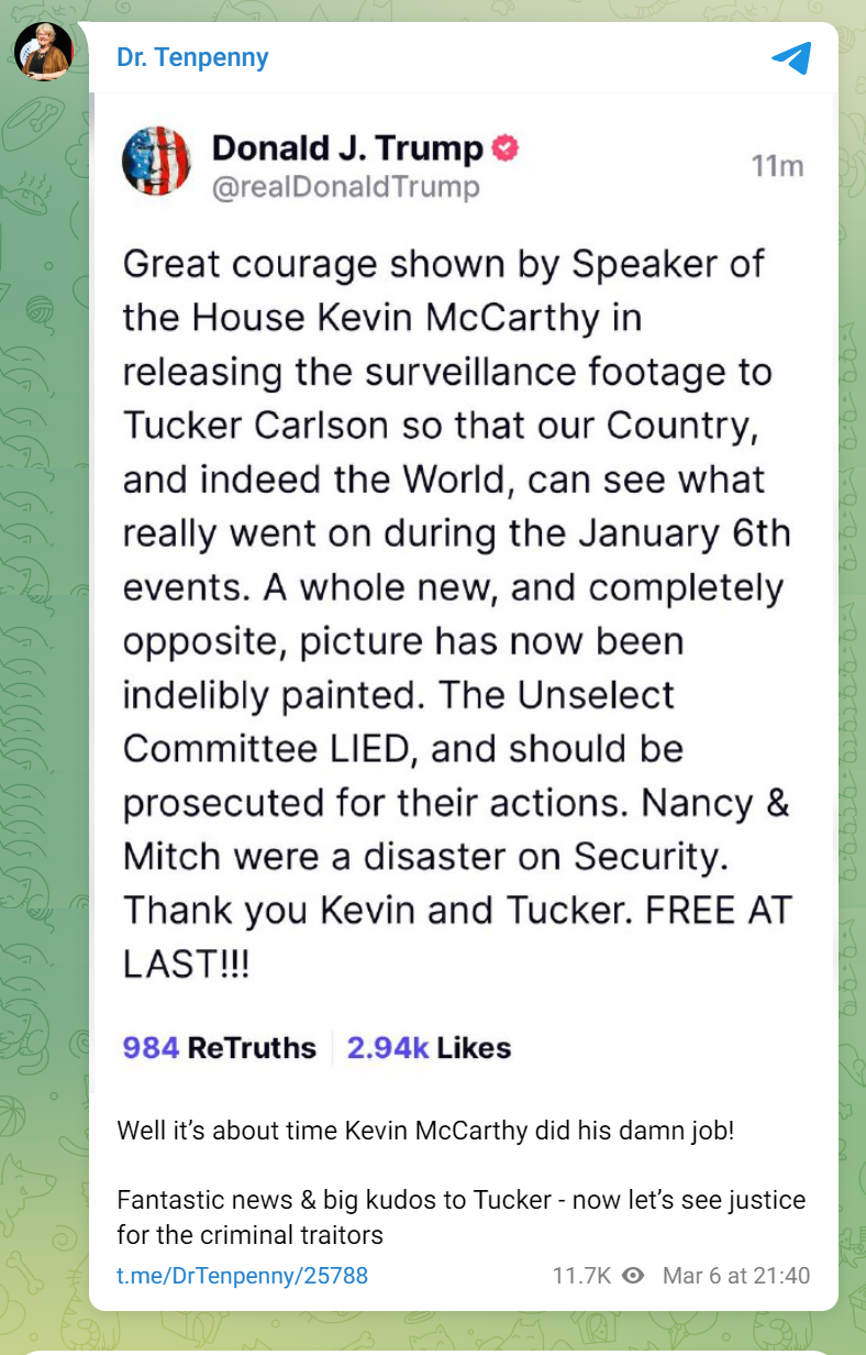 Dr. Sherri Tenpenny telegram post about tucker's j6 footage