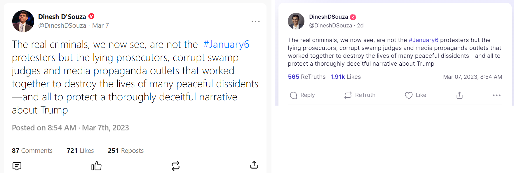 Dinesh D'Souza Gettr Truth Social posts about Tucker's j6 footage