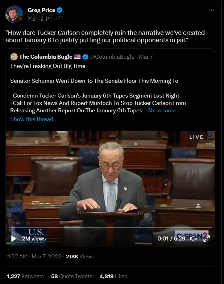 Greg Price tweet about censorship of tucker over j6 footage