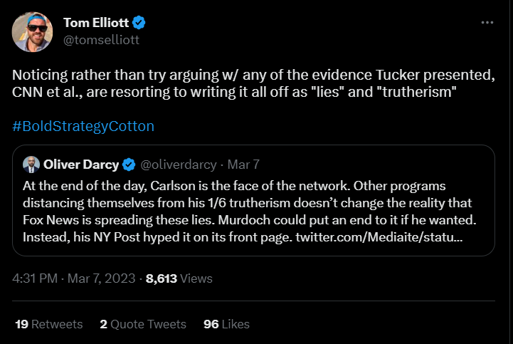 Tom Elliot tweet about censorship of tucker over j6 footage