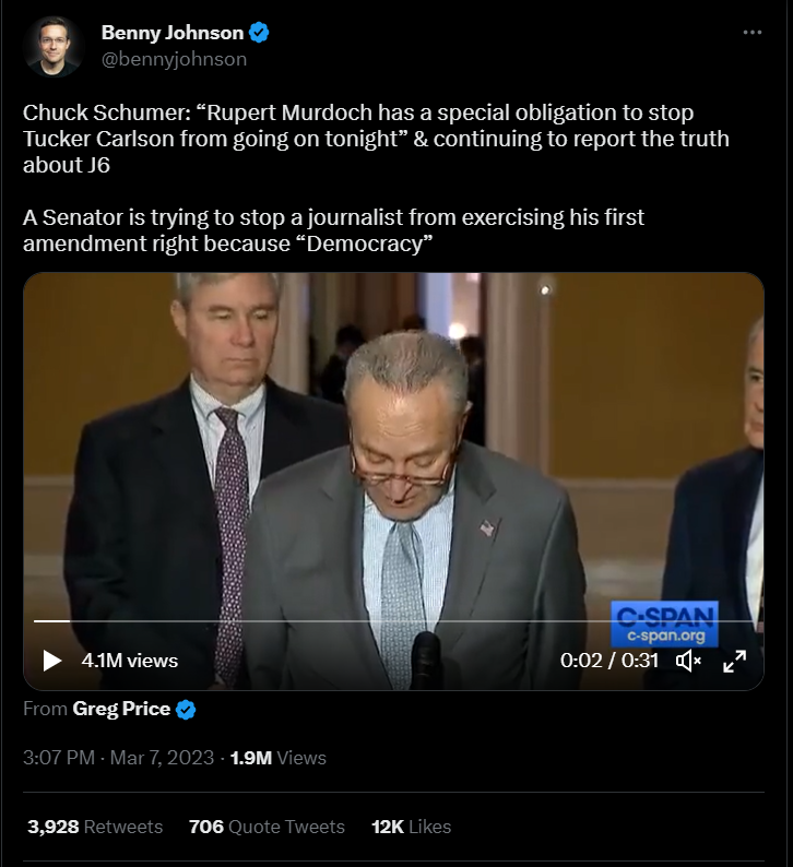 Benny Johnson tweet about censorship of tucker over j6 footage