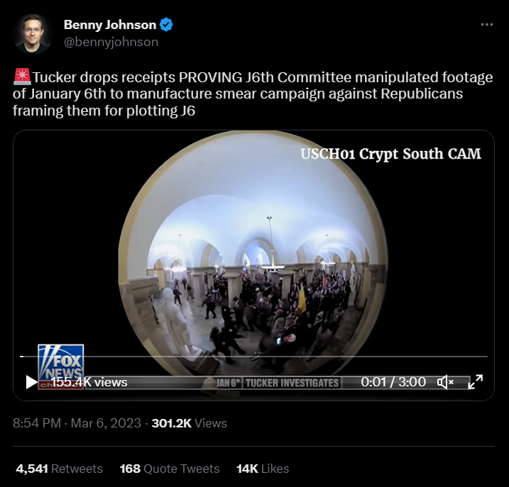 Benny Johnson tweet about tucker's j6 footage