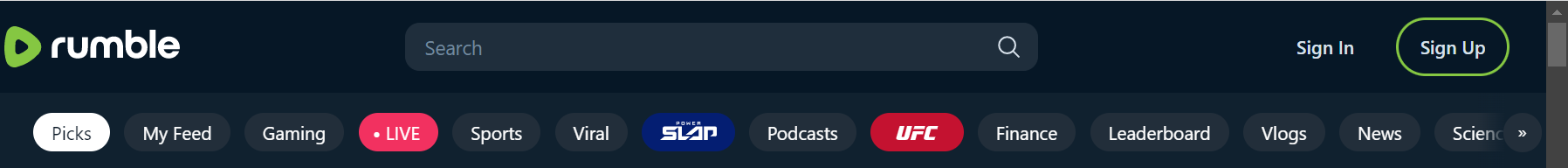 Power Slap and UFC Buttons on Rumble Homepage