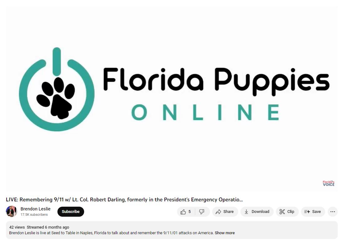 Image shows Florida Puppies Online sponsored commercial for podcast affiliated with Florida's Voice