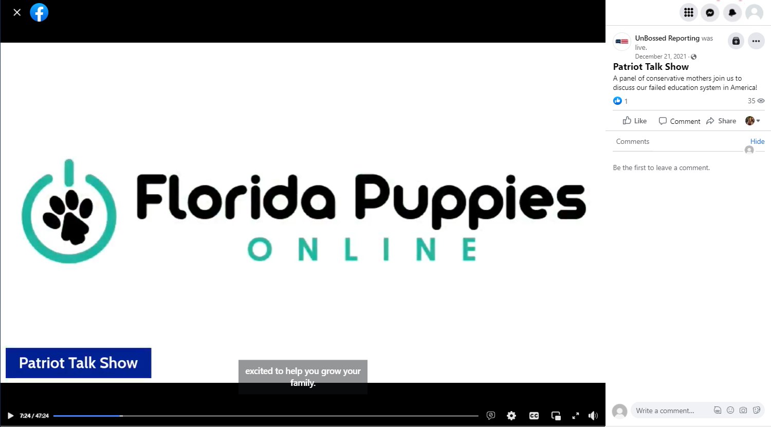 Image shows Florida Puppies Online sponsored commercial for podcast affiliated with Florida's Voice