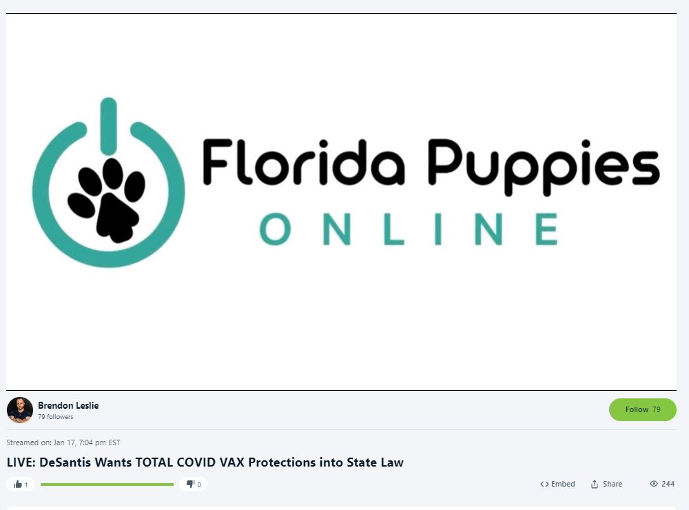 Image shows Florida Puppies Online sponsored commercial for podcast affiliated with Florida's Voice