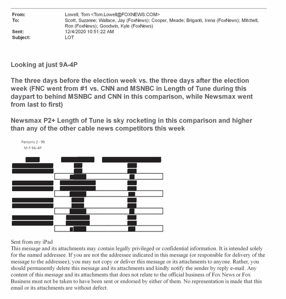 Lowell sent an email to Scott detailing the Length of Tune for Fox compared to CNN, MSNBC, and Newsmax, pointing out that during daytime programming CNN/MSNBC moved ahead of Fox in tune time in the immediate aftermath of the election. Lowell also seemed to raise a flag that “Newsmax P2+Length of Tune is sky rocketing in this comparison and higher than any of the other cable news competitors this week.” 
