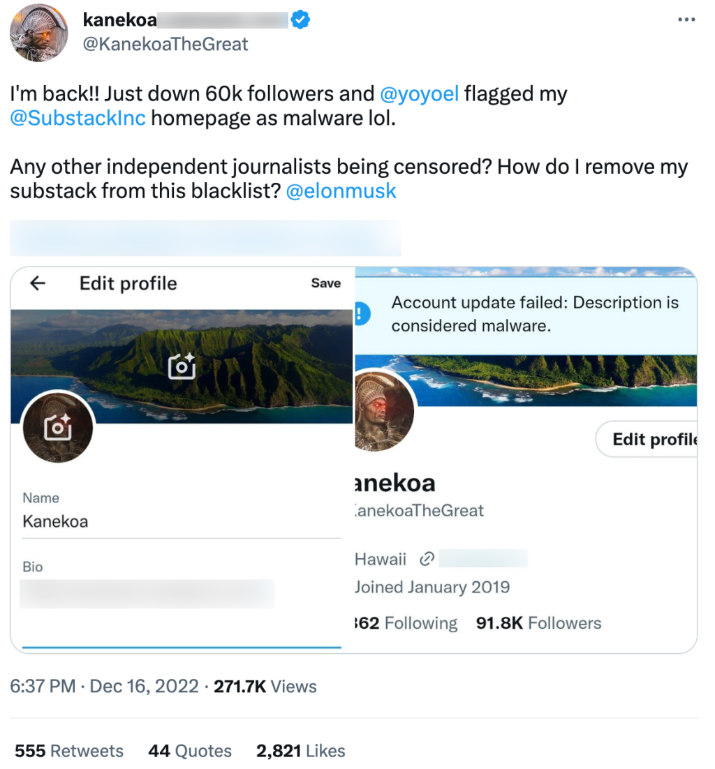 Kanekoa Twitter reinstatement