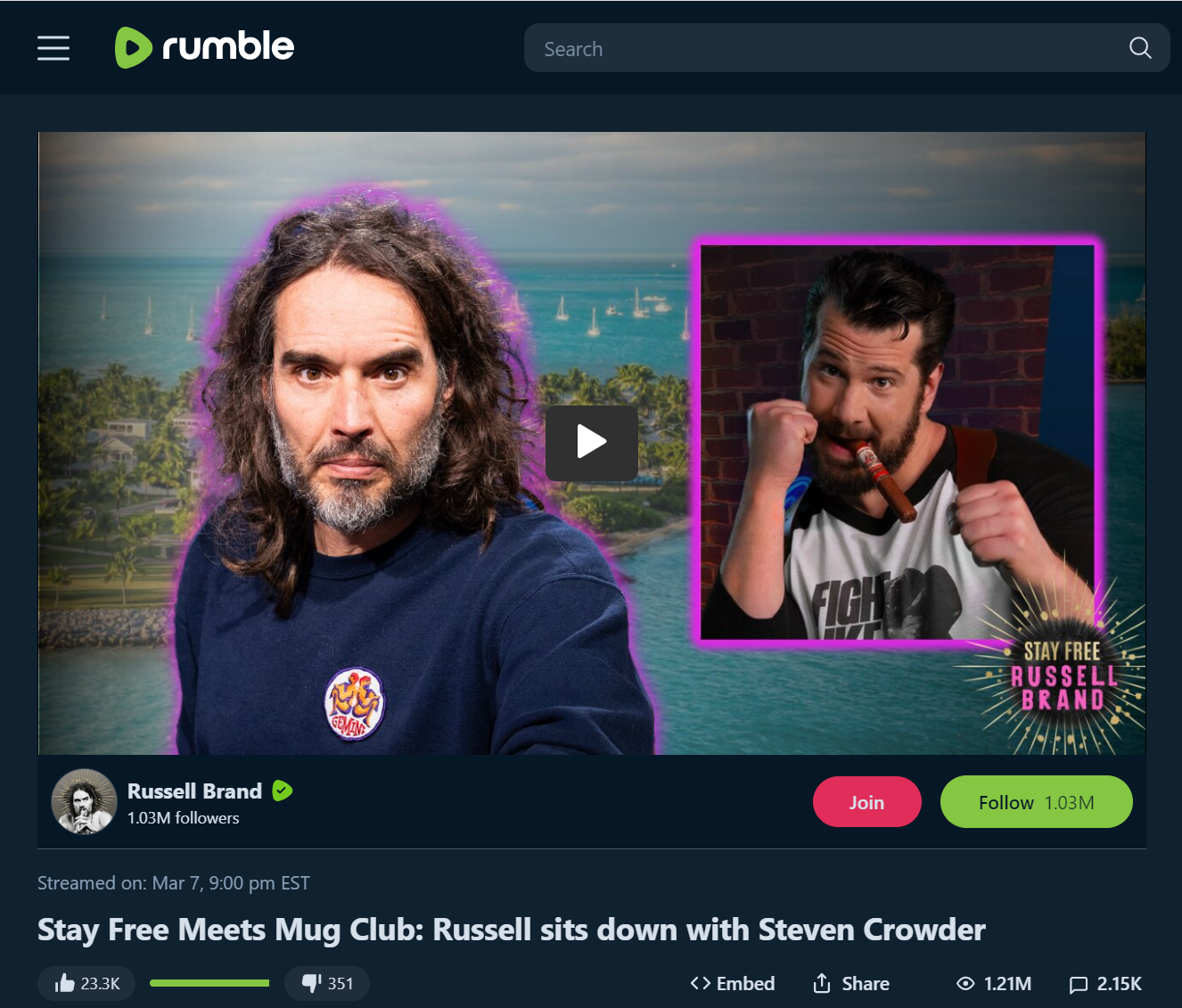 Russell Brand hosts Steven Crowder