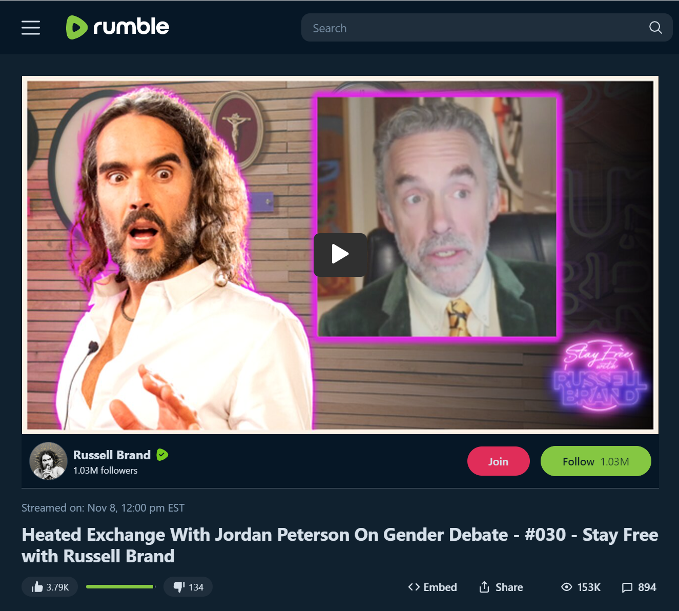 Russell Brand hosts Jordan Peterson