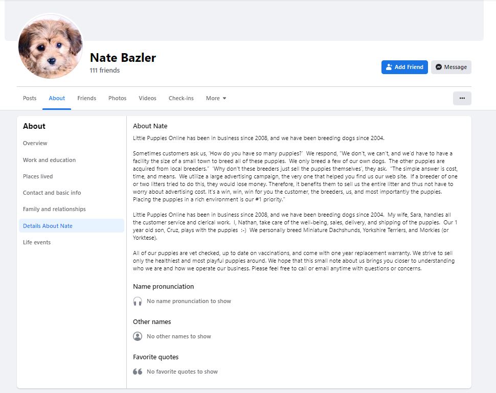 Screenshot from facebook about me section associated with FPO/LPO's Nathan Bazler describing himself as a puppy breeder and broker