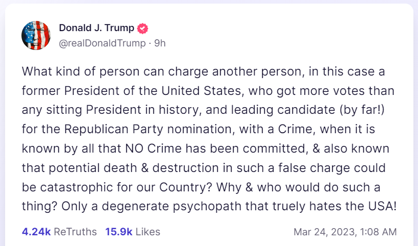 Trump Truth Social post warning death and destruction