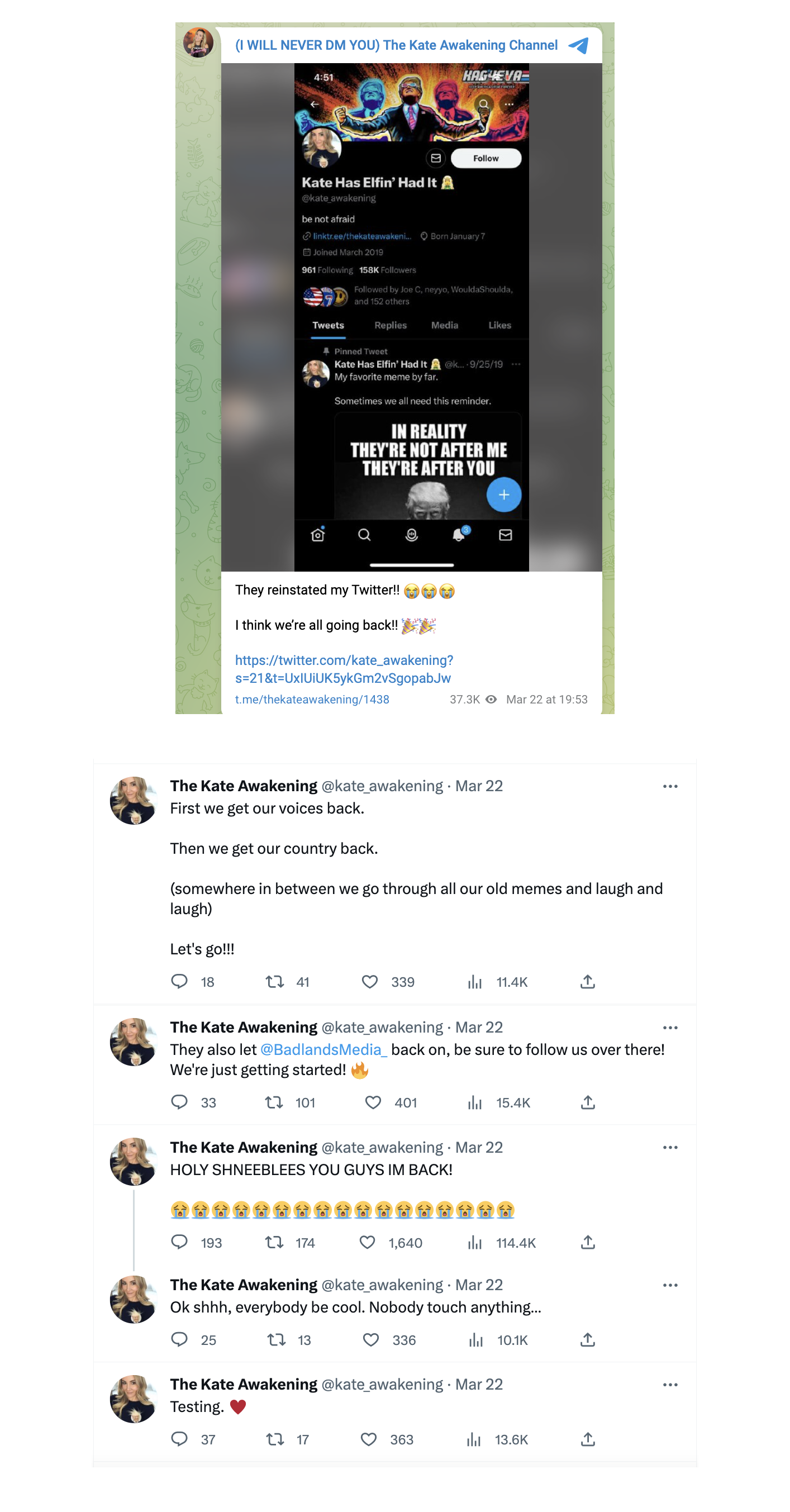 Buckley reinstated: "First we get our voices back. Then we get our country back.” 