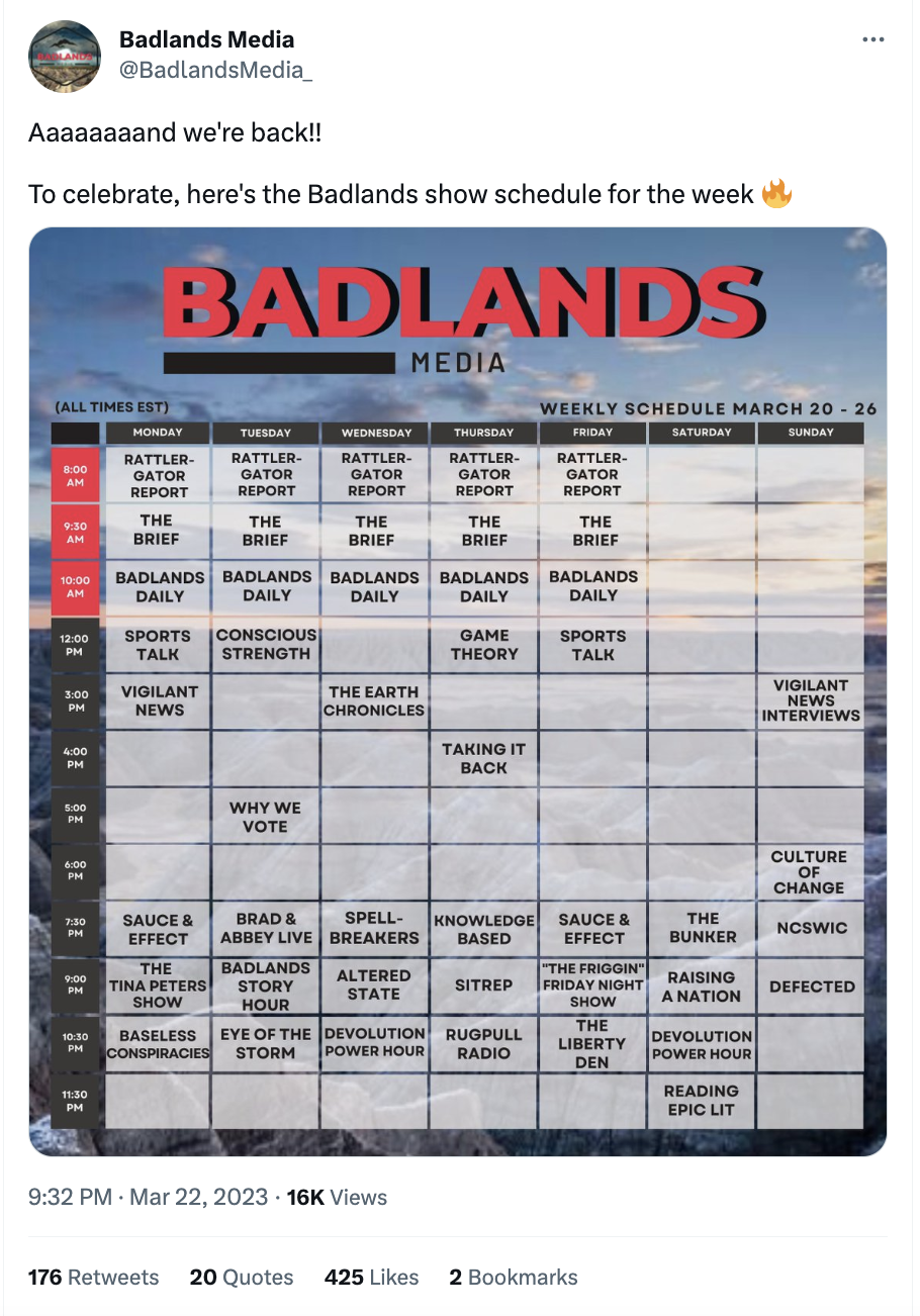 Badlands Media is back on Twitter; schedule for shows