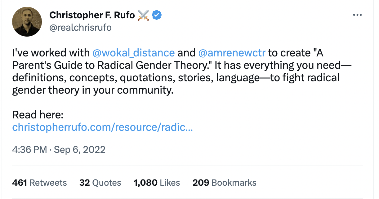 I've worked with  @wokal_distance  and  @amrenewctr  to create "A Parent's Guide to Radical Gender Theory." It has everything you need—definitions, concepts, quotations, stories, language—to fight radical gender theory in your community.