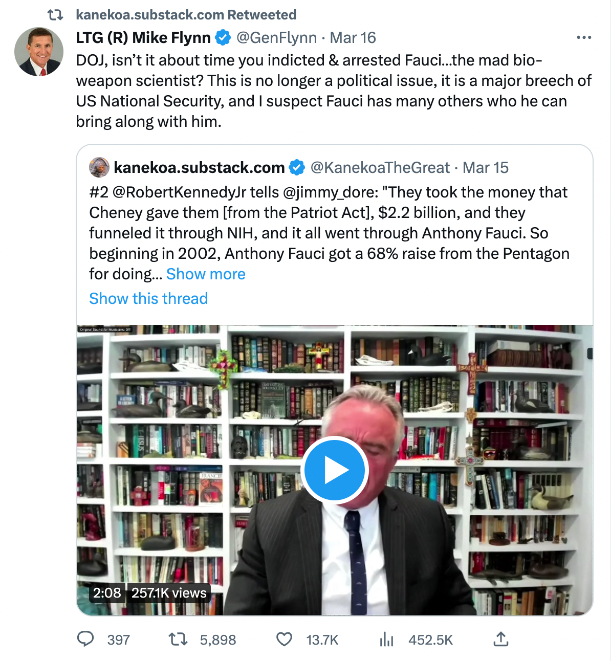 Kanekoa amplifying calls to arrest Dr. Fauci