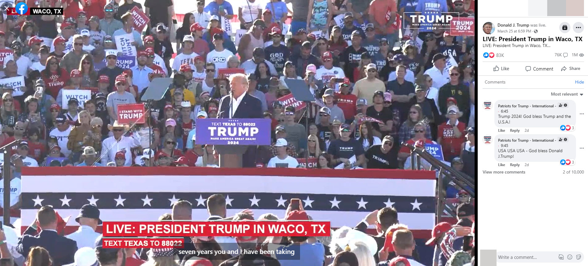 A screenshot of the live stream of Trump's Waco rally on Facebook 