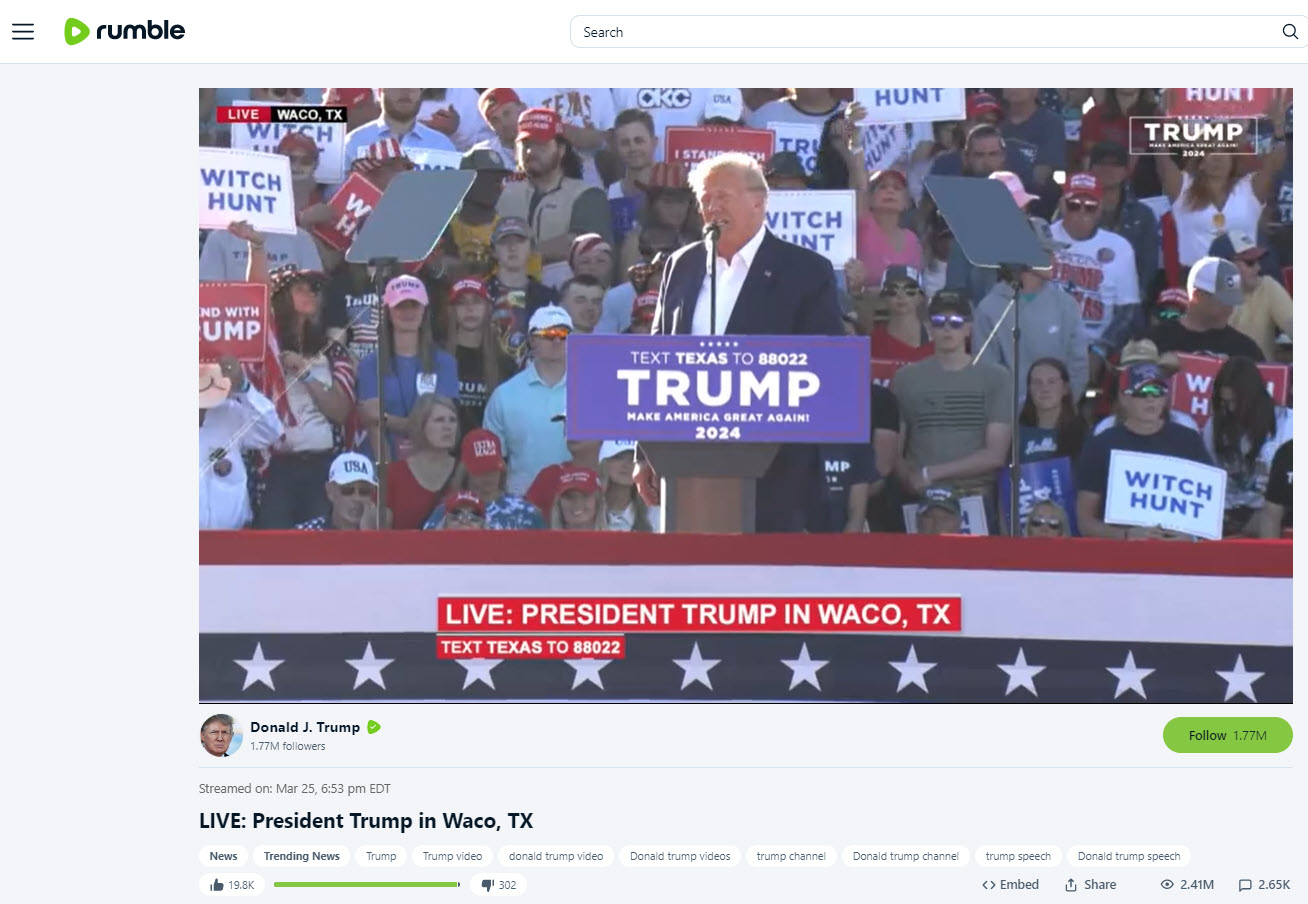 A screenshot of Trump's Waco rally live streamed on Rumble