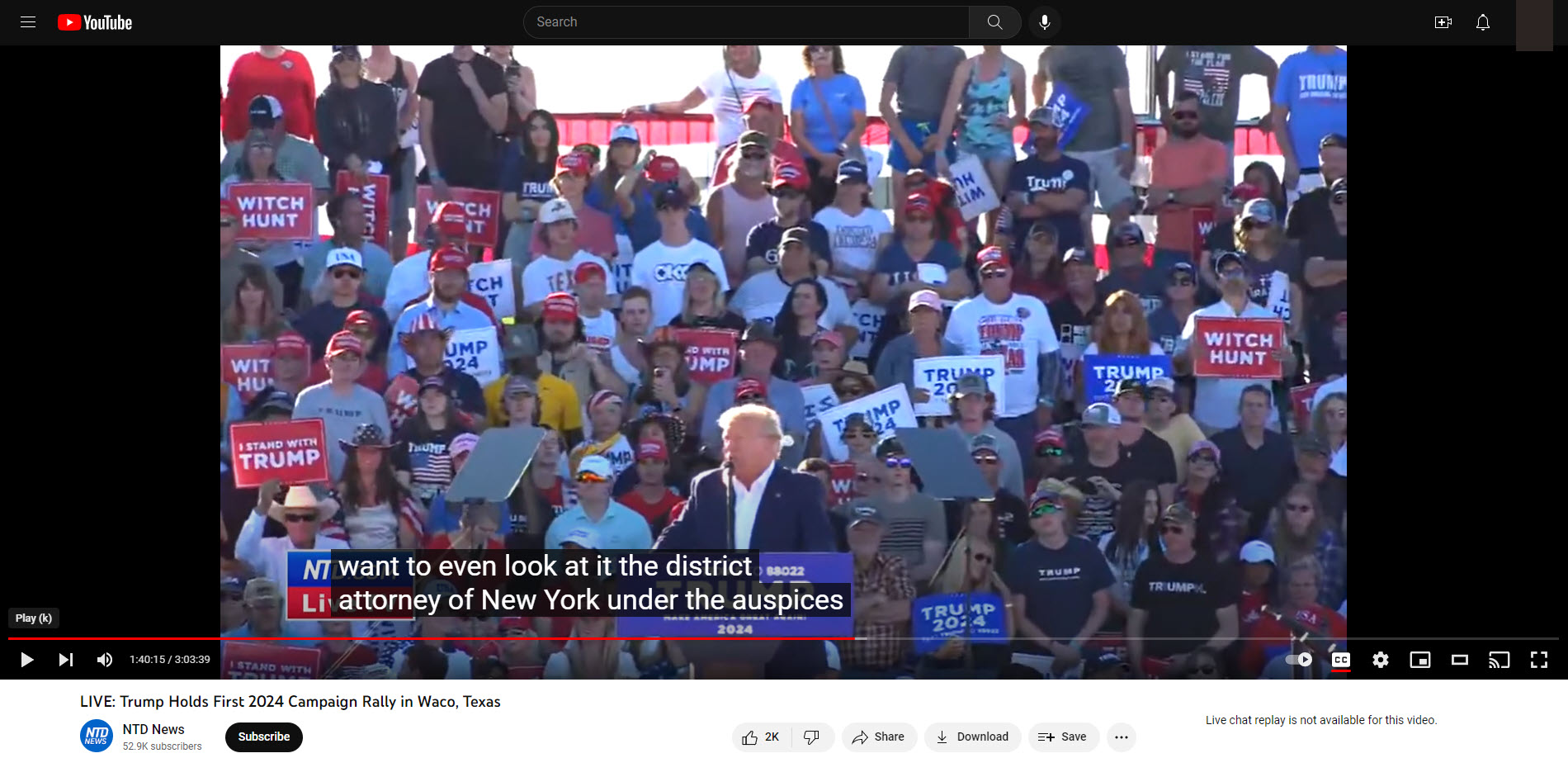 A screenshot of Trump mentioning the DA of New York during his Waco rally 