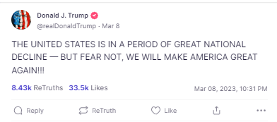 A screenshot of a Truth Social post used in one for Trump's Meta ads 