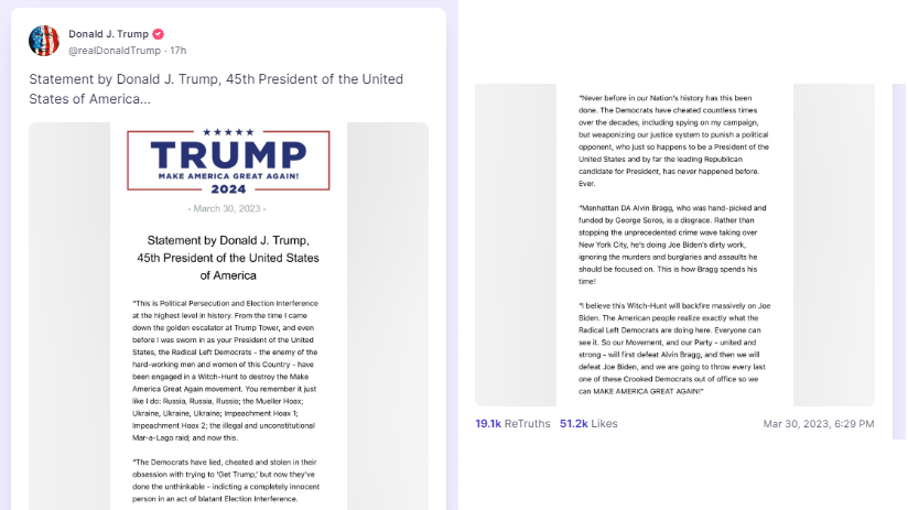 A screenshot of Trump's statement posted to Truth Social