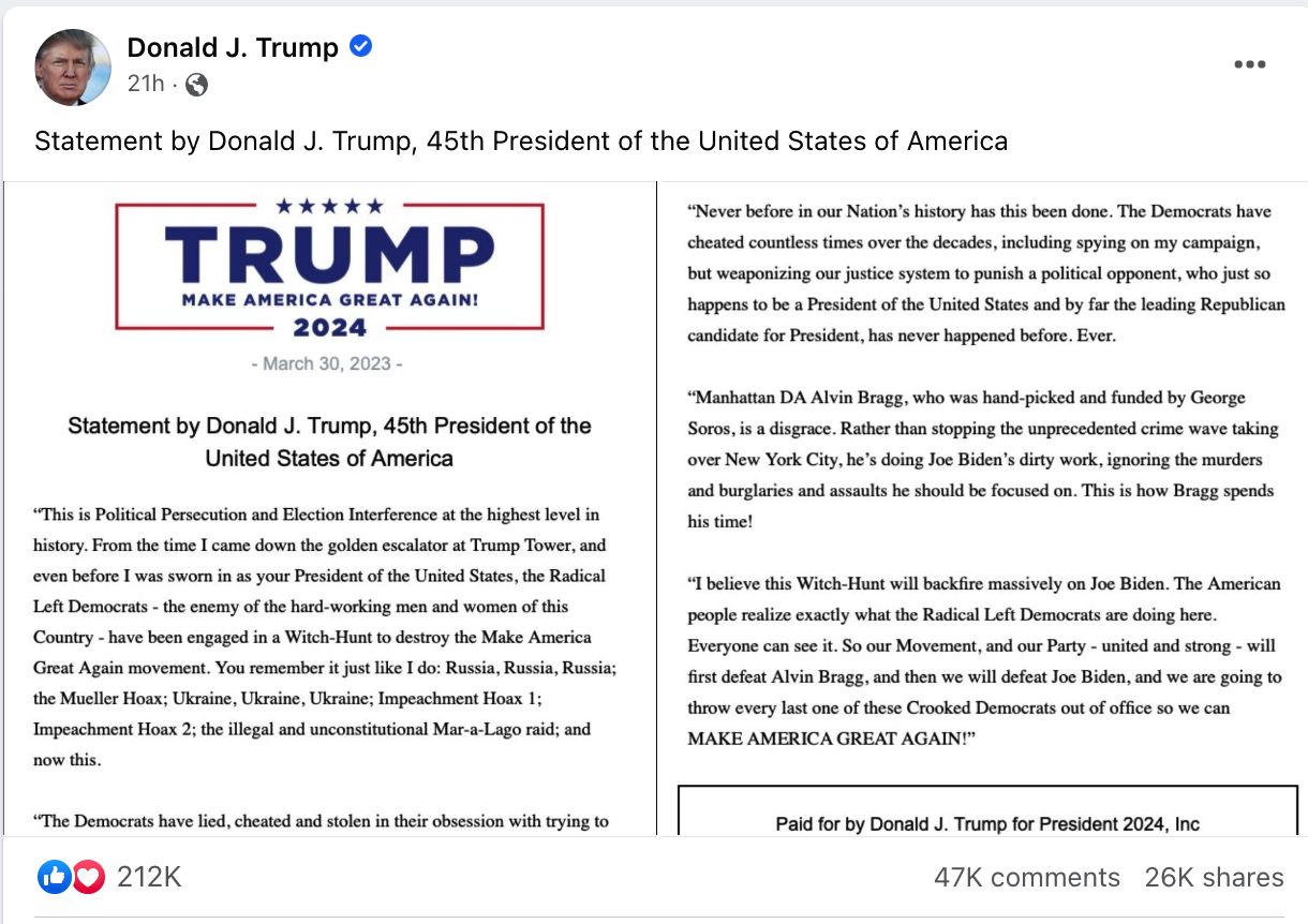 Trump's facebook post responding to indictment