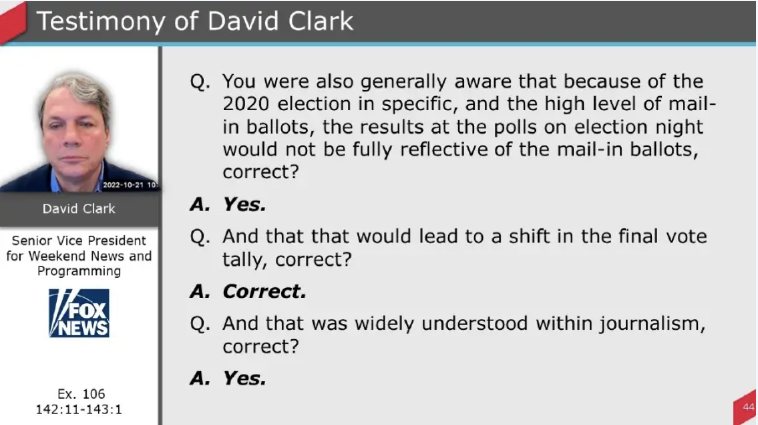 Screenshot from the Dominion filing where David Clark admitted it was expected that mail-in votes would lead to a shift in the final tally