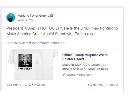 A screenshot of a Truth Social post from Marjorie Taylor Greene promoting the "Official Trump Mugshot" shirt