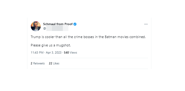 A screenshot of a Tweet from Escandon about Trump's mugshot 