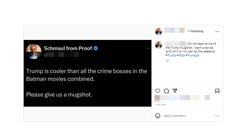 A screenshot of an Instagram post from Escandon about Trump's mugshot