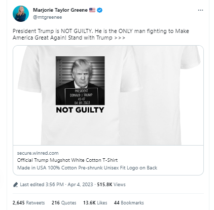 A screenshot of a a tweet promoting Trump's official mugshot shirt from Marjorie Taylor Greene