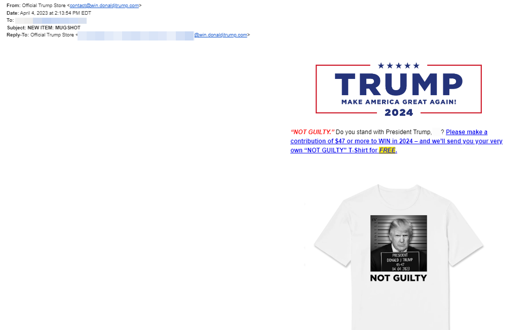 A screenshot of the email from the Trump campaign promoting the mugshot t shirt 