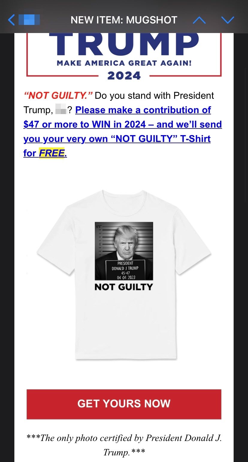 A screenshot of the email from the Trump campaign promoting the mugshot t shirt