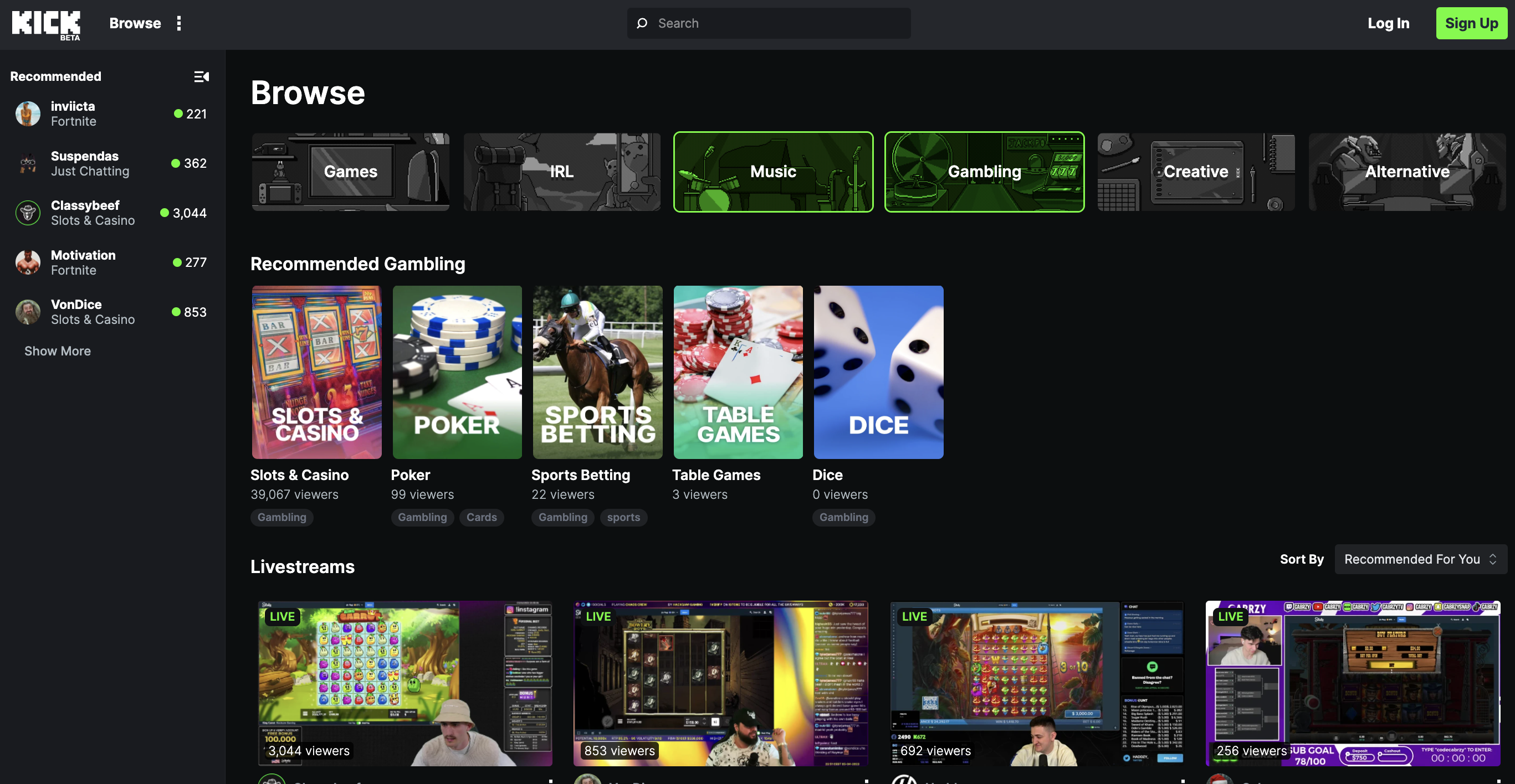Kick gambling page