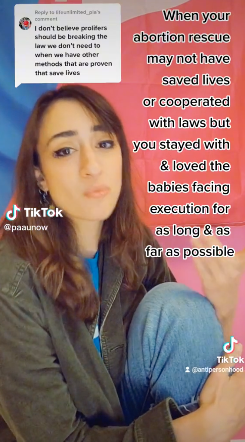 Elise Ketch appears in a TikTok with on-screen text reading "When your abortion rescue may not have saved lives or cooperated with laws but you stayed with & loved the babies facing execution for as long & as far as possible.”