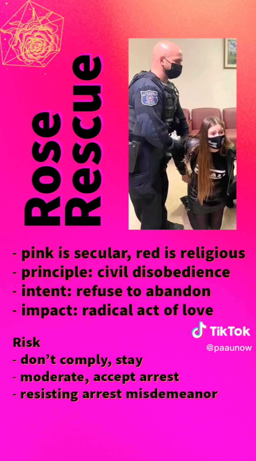 An ombre pink screen has text that promotes a "Rose Rescue" and includes an image of a PAAU member on their knees while being arrested inside an abortion clinic