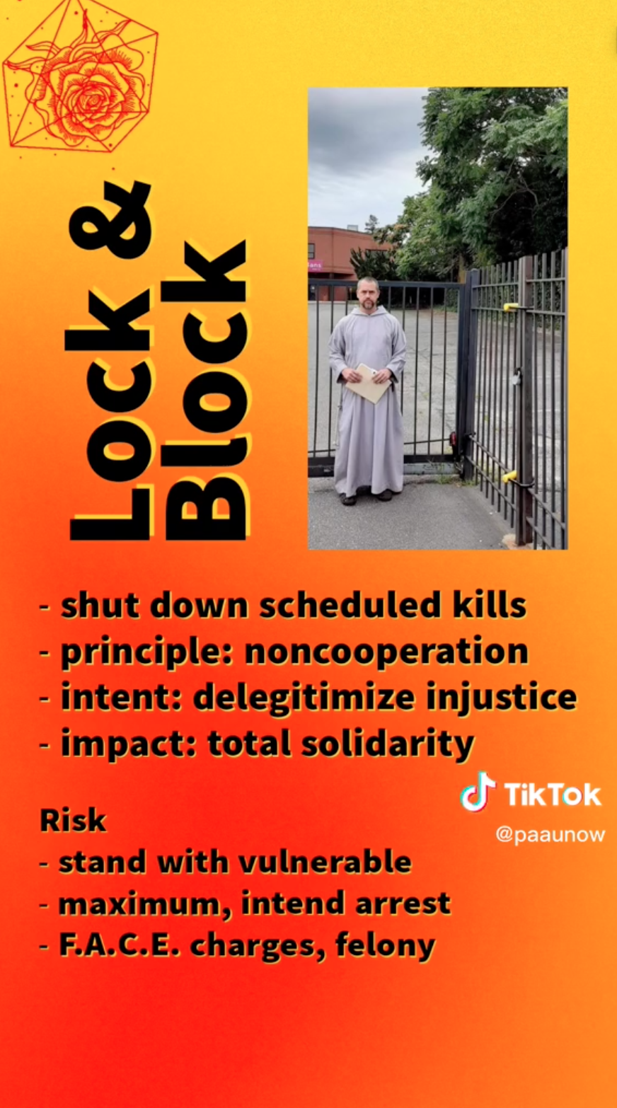 An ombre orange screen with text that promotes a "Lock & Block" abortion rescue