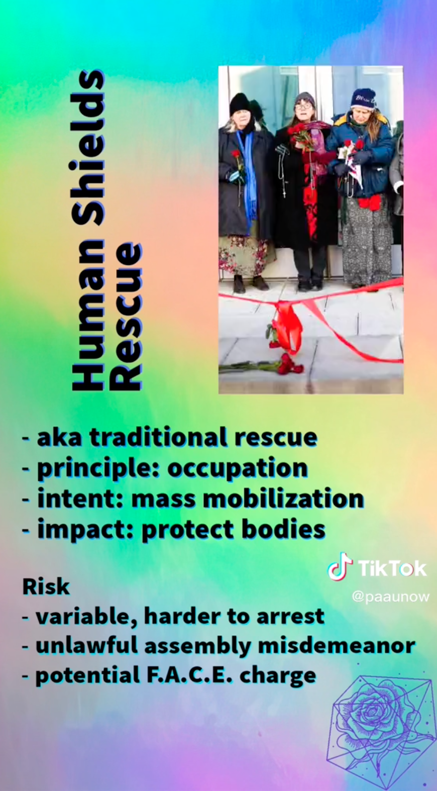 A rainbow gradient screen promotes a "Human Shield Rescue"