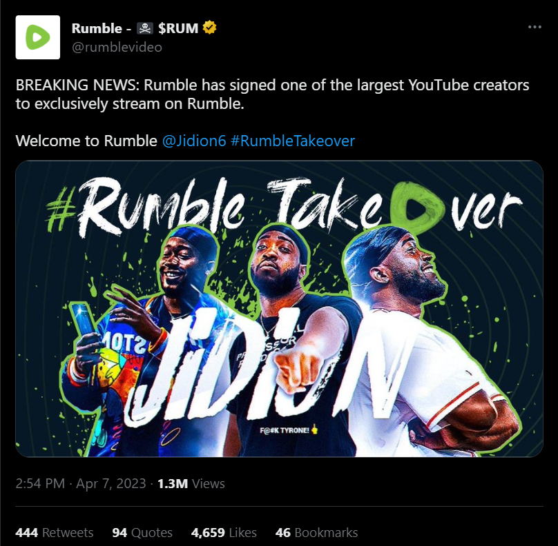 Rumble announcing JiDion on Twitter
