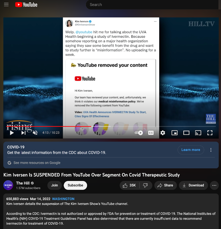 Iversen suspended from YouTube for COVID misinfo