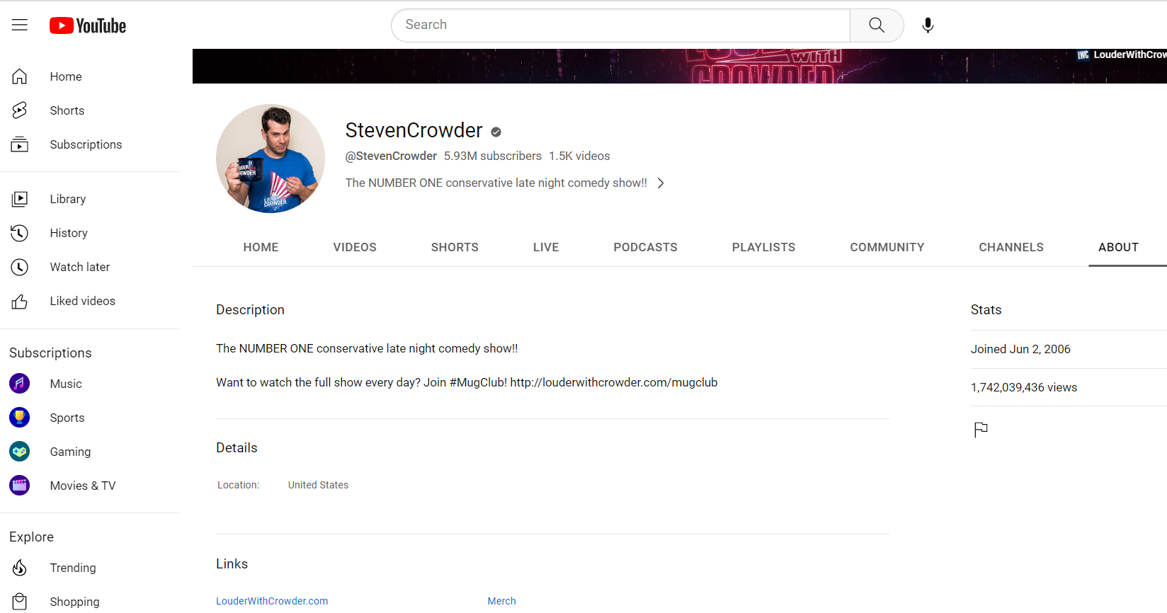 Steven Crowder YouTube Channel as of 20230411