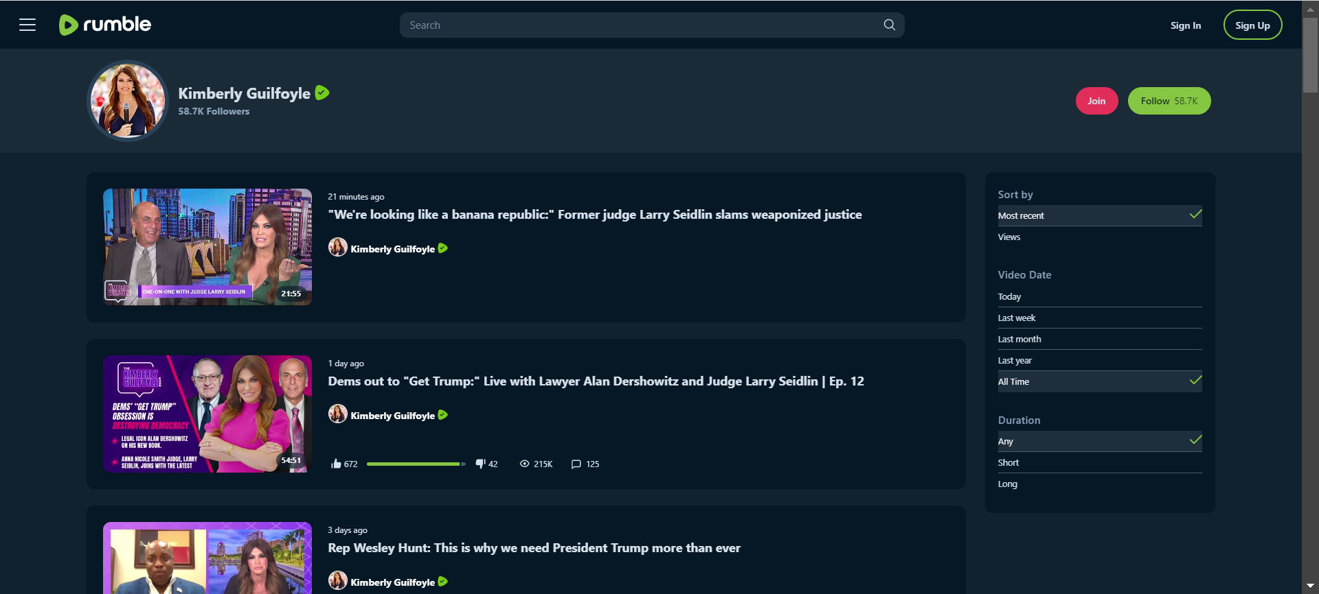 Kimberly Guilfoyle's Rumble channel as of 20230411