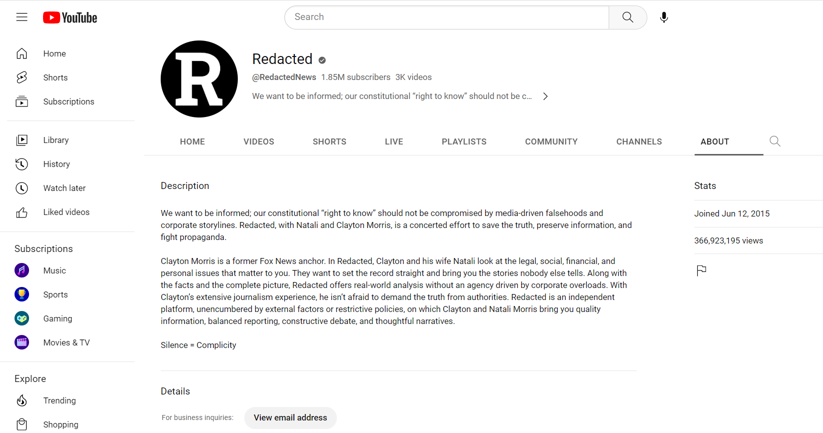 Redacted YouTube channel as of 20230411