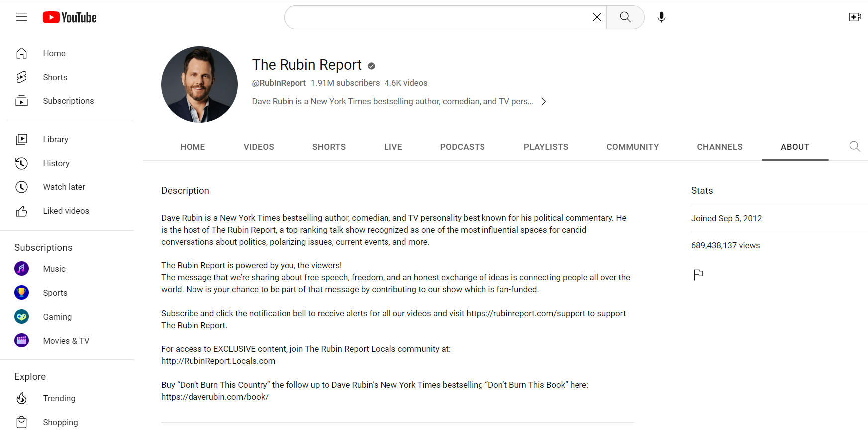 The Rubin Report YouTube channel as of 20230411