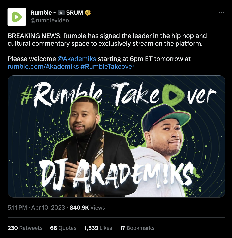 Rumble announcing Akademiks on Twitter