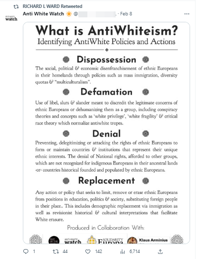 A screenshot of Ward retweeting anti-white watch