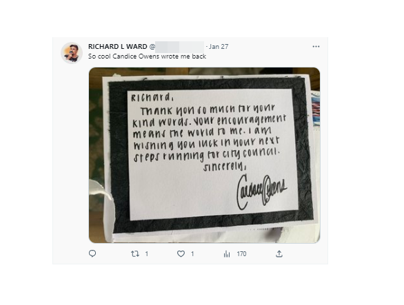 A screenshot of a tweet from Ward showing what he claims is a card from Candace Owens