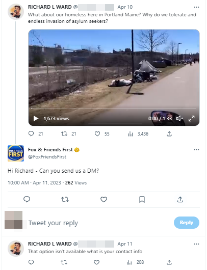 A screenshot of Fox & Friends tweeting at Ward asking if he could send them a DM