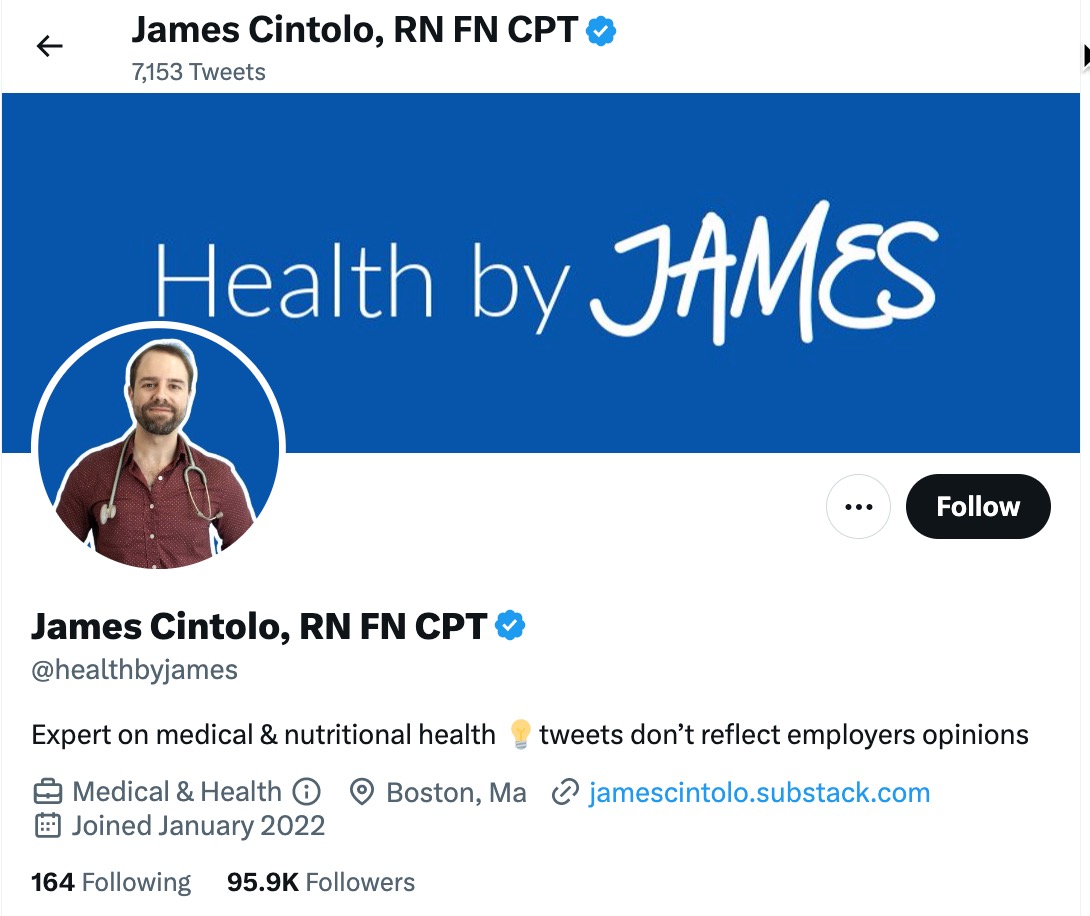 James Cintolo Twitter Bio, claiming he is a medical expert
